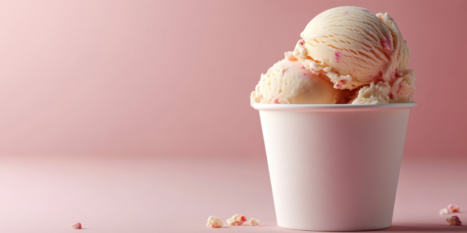 Delicious ice cream served in a white cup with a pink background, perfect for a warm day or celebration